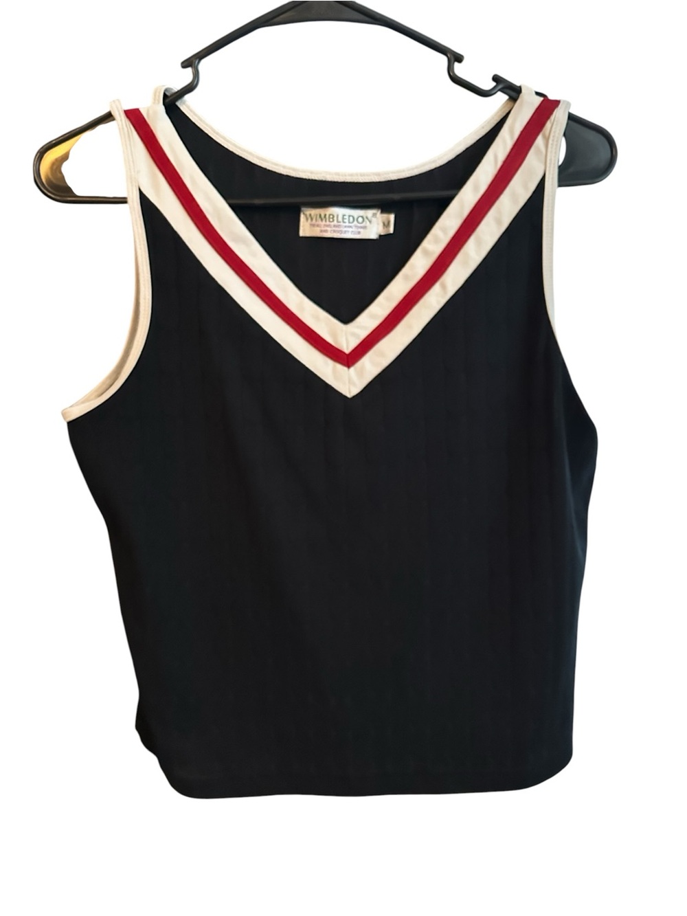 Wimbledon Sleeveless V-Neck Tank Top in Black with Cream & Red Trim